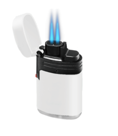 The Zengaz ZL-2 lighter in white and black with flame.