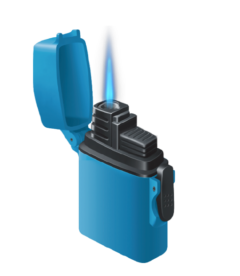 The Zengaz ZL-4 lighter in light blue and black with flame.