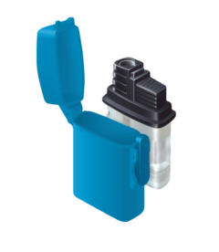 The Zengaz ZL-4 lighter in light blue and black outside case.