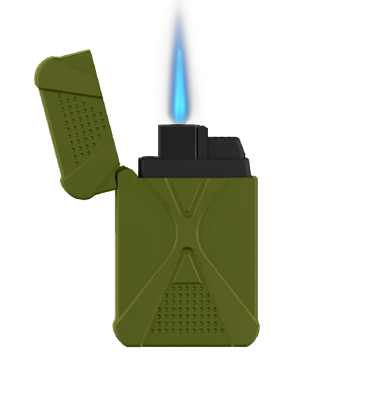 The Zengaz ZL-16 lighter in olive with flame.